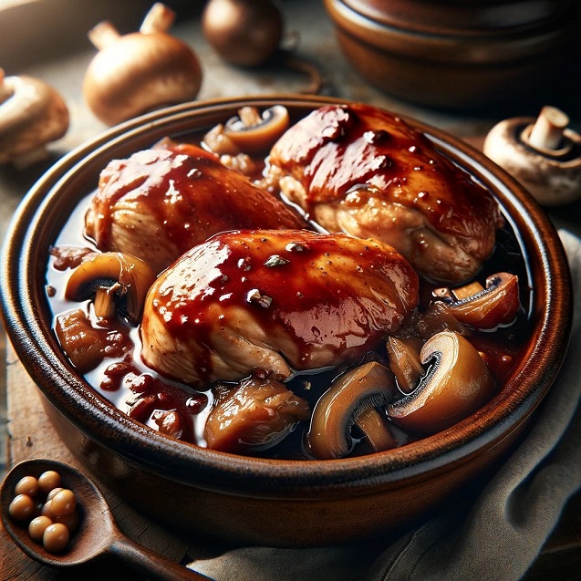 Coq au Vin in rich red wine sauce with mushrooms and onions in rustic bowl