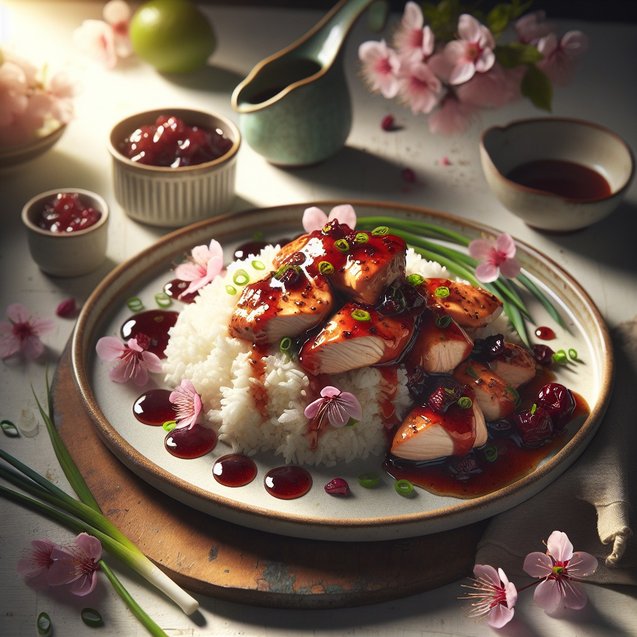 Whimsical Cherry Blossom Chicken Delight plated with cherry blossoms garnishing