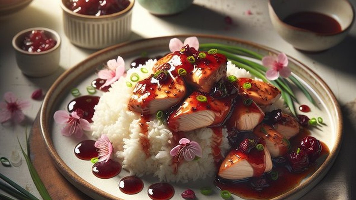 Whimsical Cherry Blossom Chicken Delight plated with cherry blossoms garnishing