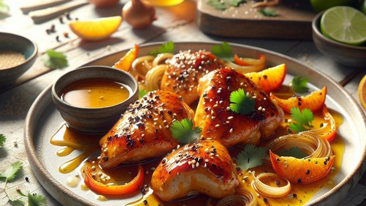 Whimsical Orange Blossom Chicken Serenade plated with delicate orange blossoms and citrus glaze