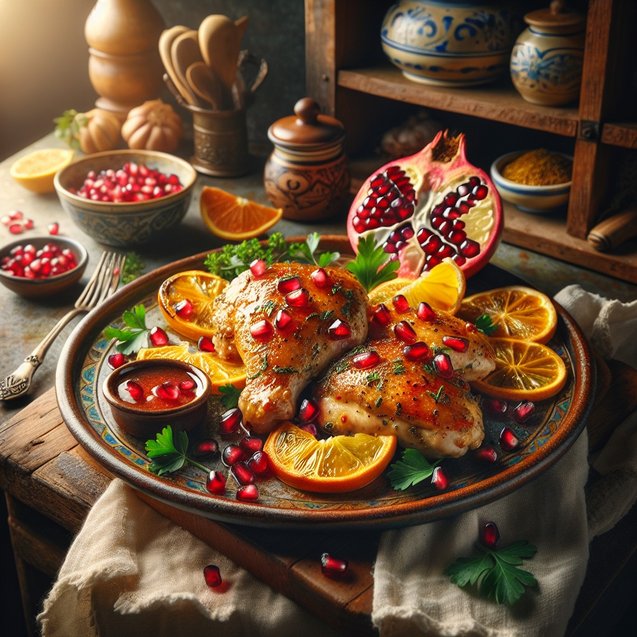 Whimsical Pomegranate Citrus Chicken Tapestry