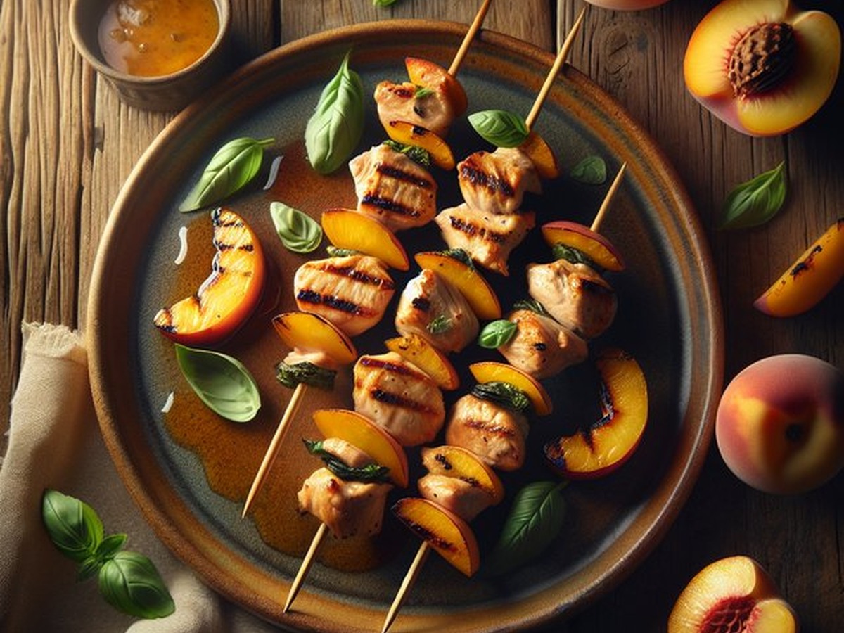 Grilled Peach And Basil Chicken Kebabs Grilled Peach And Basil Chicken Kebabs served and ready to enjoy