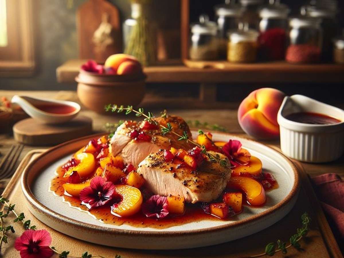 Hibiscus Peach Chicken Hibiscus Peach Chicken served and ready to enjoy