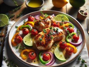Honey Lime Thyme Chicken Medley with roasted vegetables, 4:3 recipe image