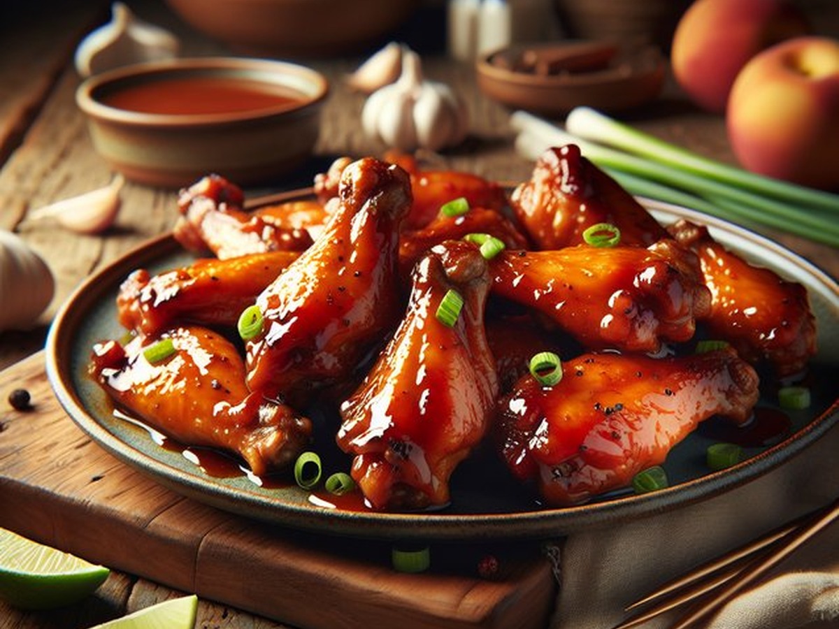 Peach Bourbon Glazed Chicken Wings served and ready to enjoy