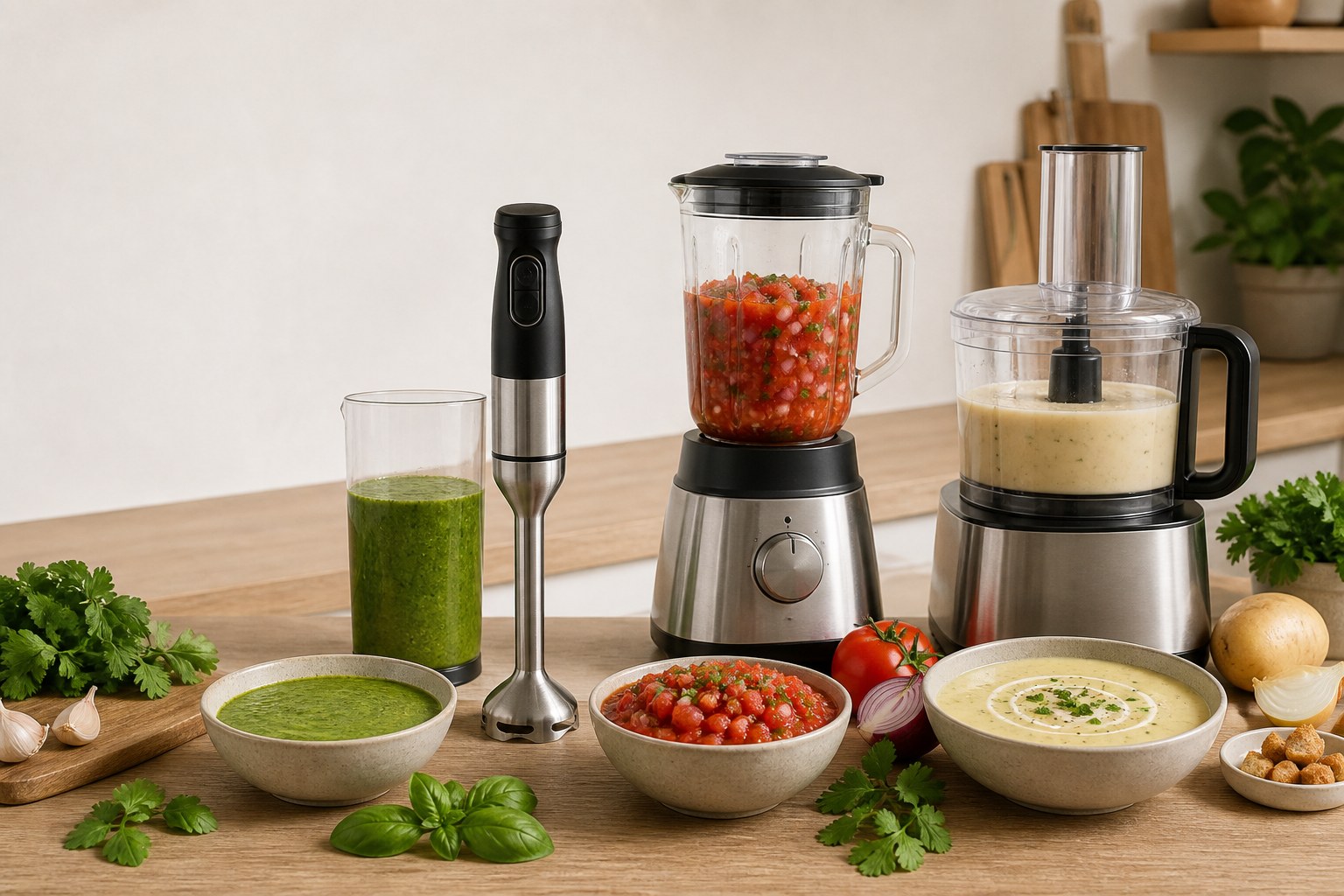 Immersion blender, countertop blender, and food processor with sauces of different textures