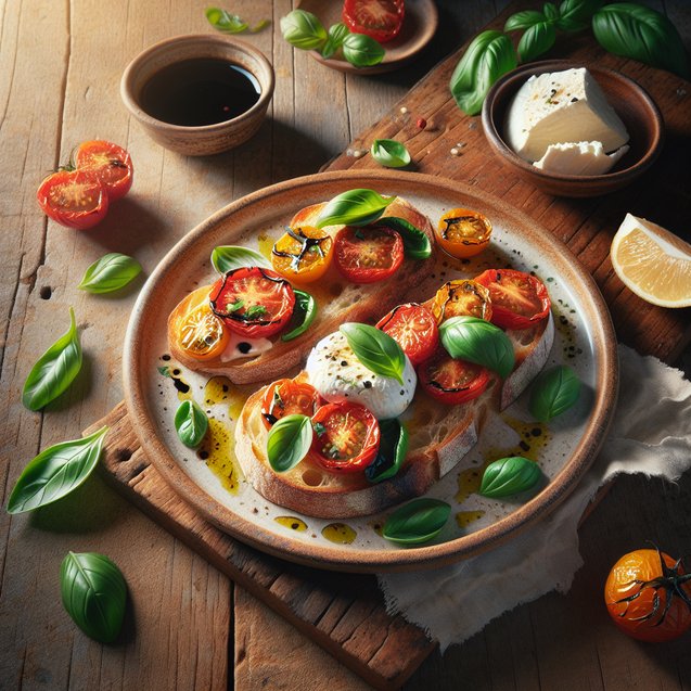 Tomato and basil bruschetta crowned with creamy burrata