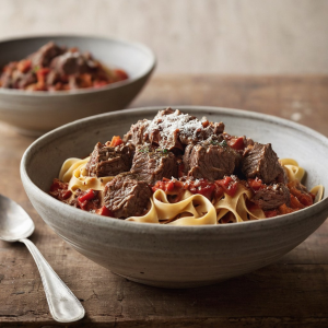 Braised beef ragu with chunky cuts of beef in a rich tomato sauce served over wide flat tagliatelle pasta on a plate, garnished with grated parmesan.
