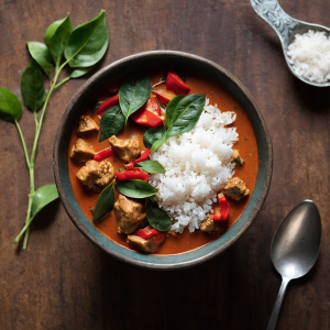 Braised chicken pieces in a rich red curry sauce containing lemongass stalks and kaffir lime leaves