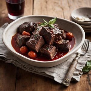 Braised short ribs in red sauce with chunks of tomato and cooked onions served on a plate.