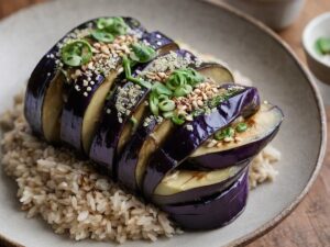 Charred Shiso Miso Eggplant Bowls with glossy miso eggplant, short-grain rice, and shiso, 4:3 recipe image