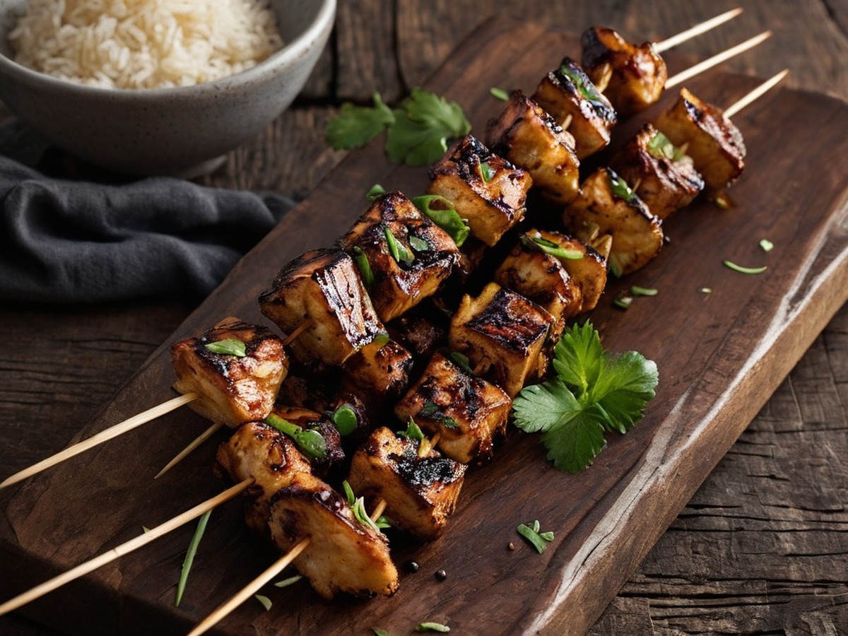 Honey Soy Glazed Charred Ginger Chicken Skewers served and ready to enjoy