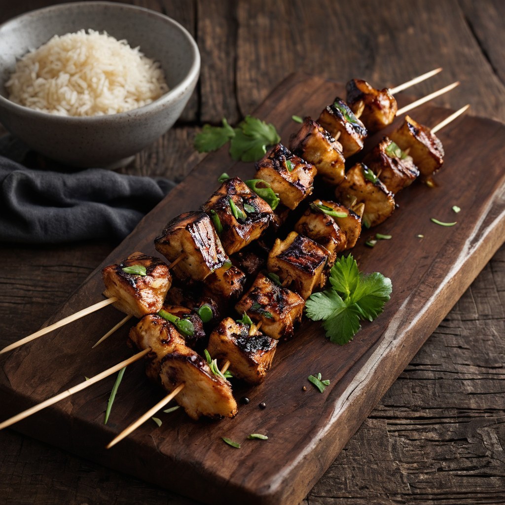 Chinese Close-up charred chicken thigh cubes on bamboo skewers with sesame seeds and fresh ginger garnish