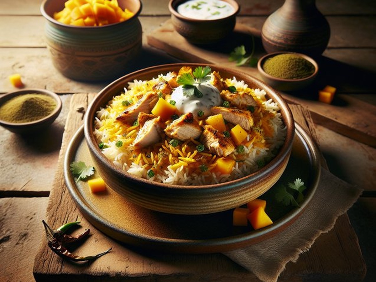 Masala Infused Mango Chicken Biryani served and ready to enjoy