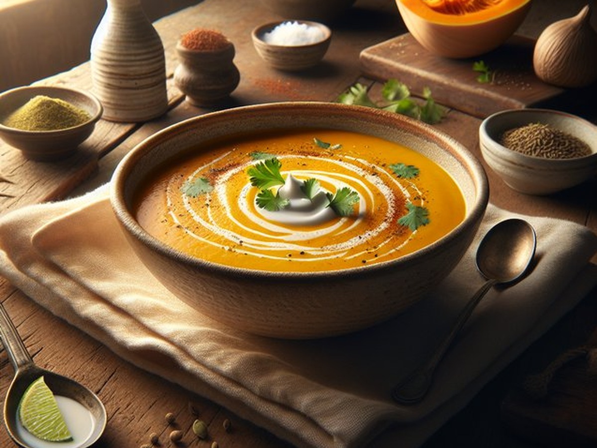 Velvety Coconut Curry Butternut Squash Soup served and ready to enjoy