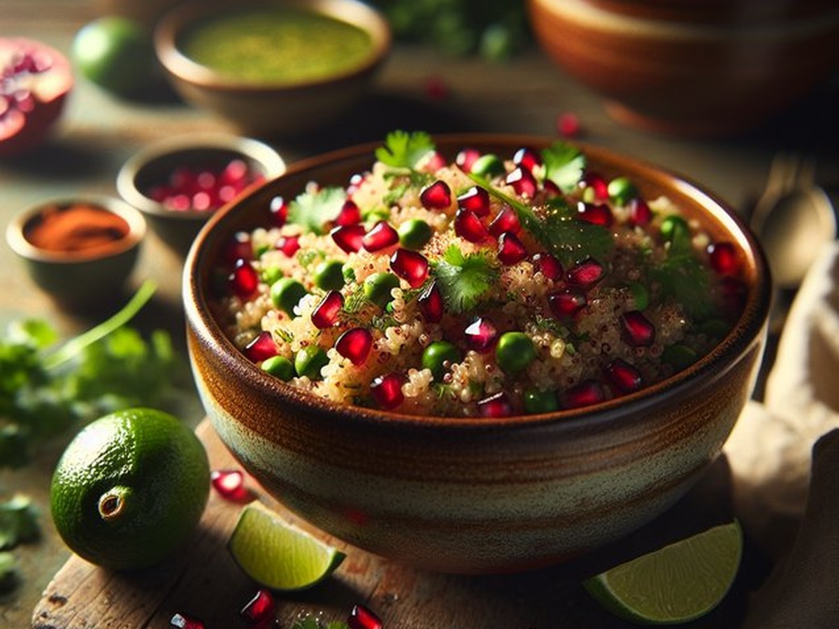 Masaledar Pomegranate Quinoa Pulao served and ready to enjoy