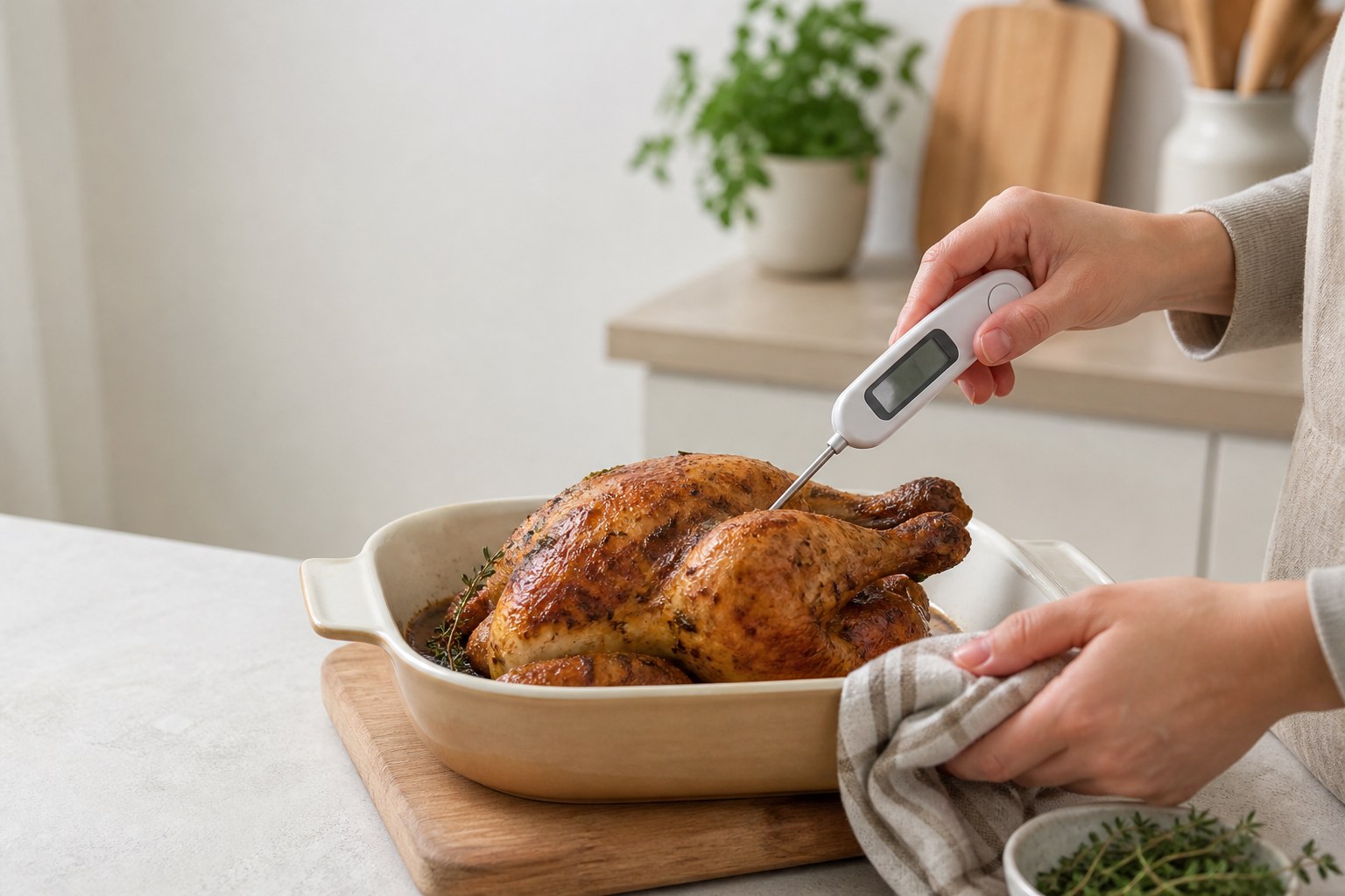 Instant-read thermometer checking the thickest part of roasted poultry
