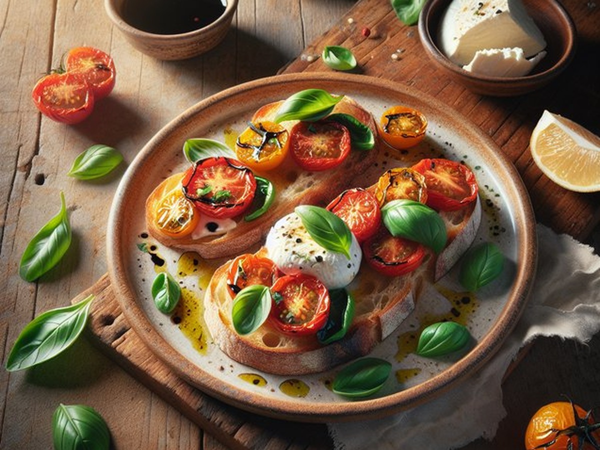 Blistered Tomato Basil Bruschetta with Burrata served and ready to enjoy
