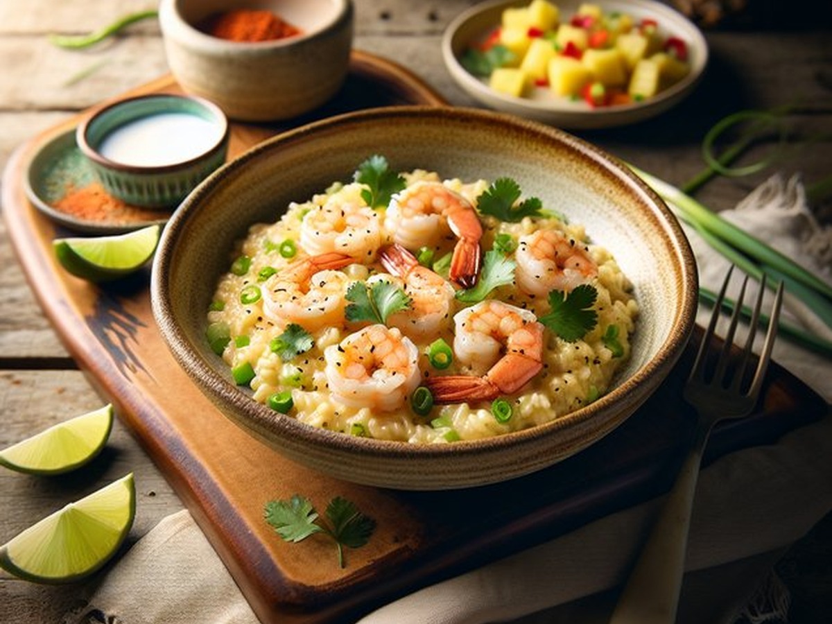 Tropical Sunset Garlic Shrimp Risotto served and ready to enjoy