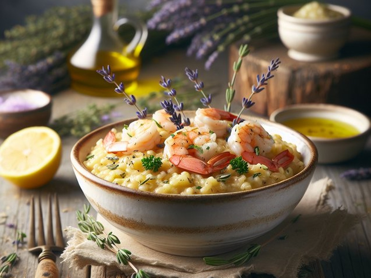 Lavender Lemon Thyme Shrimp Risotto served and ready to enjoy