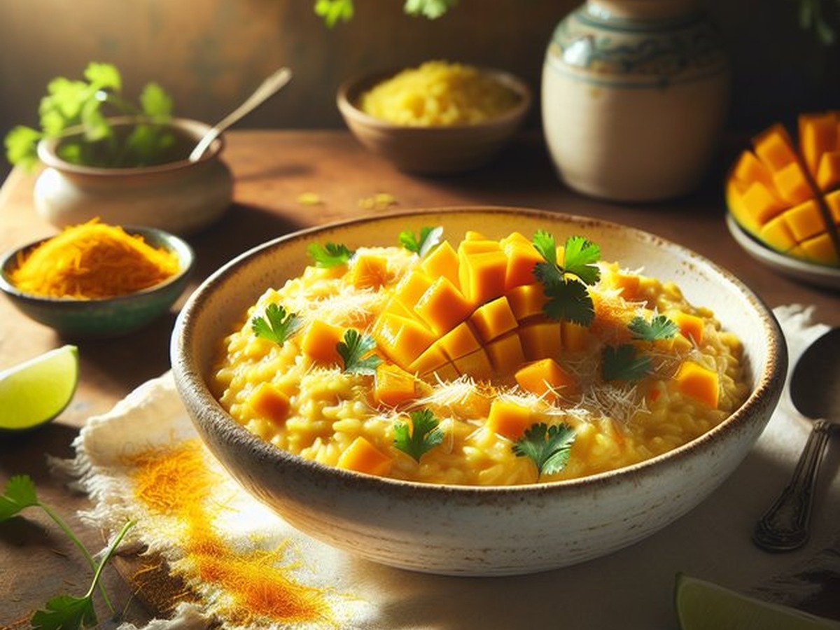 Tropical Sunshine Mango Saffron Risotto served and ready to enjoy