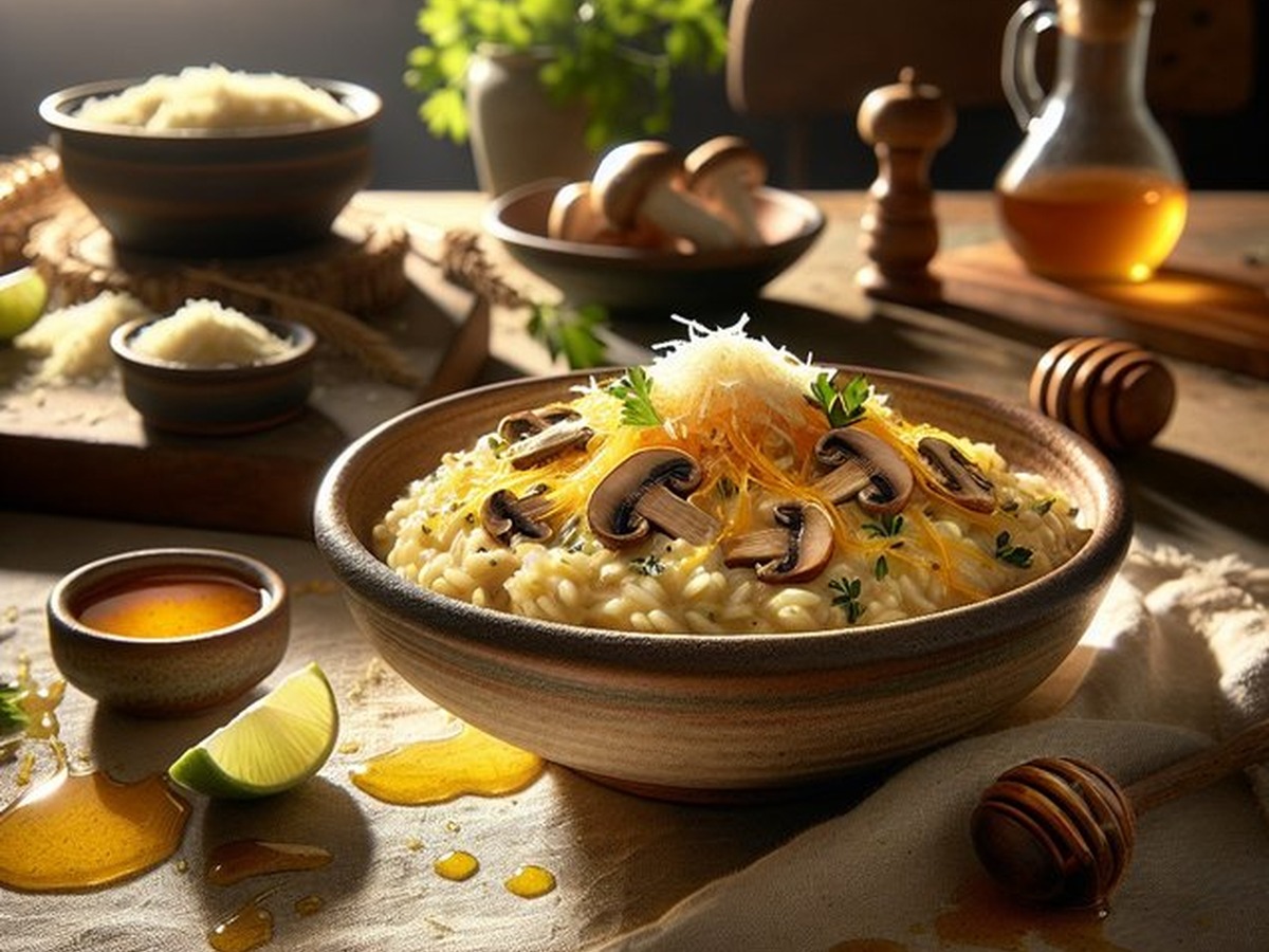 Saffron Honey Mushroom Risotto served and ready to enjoy