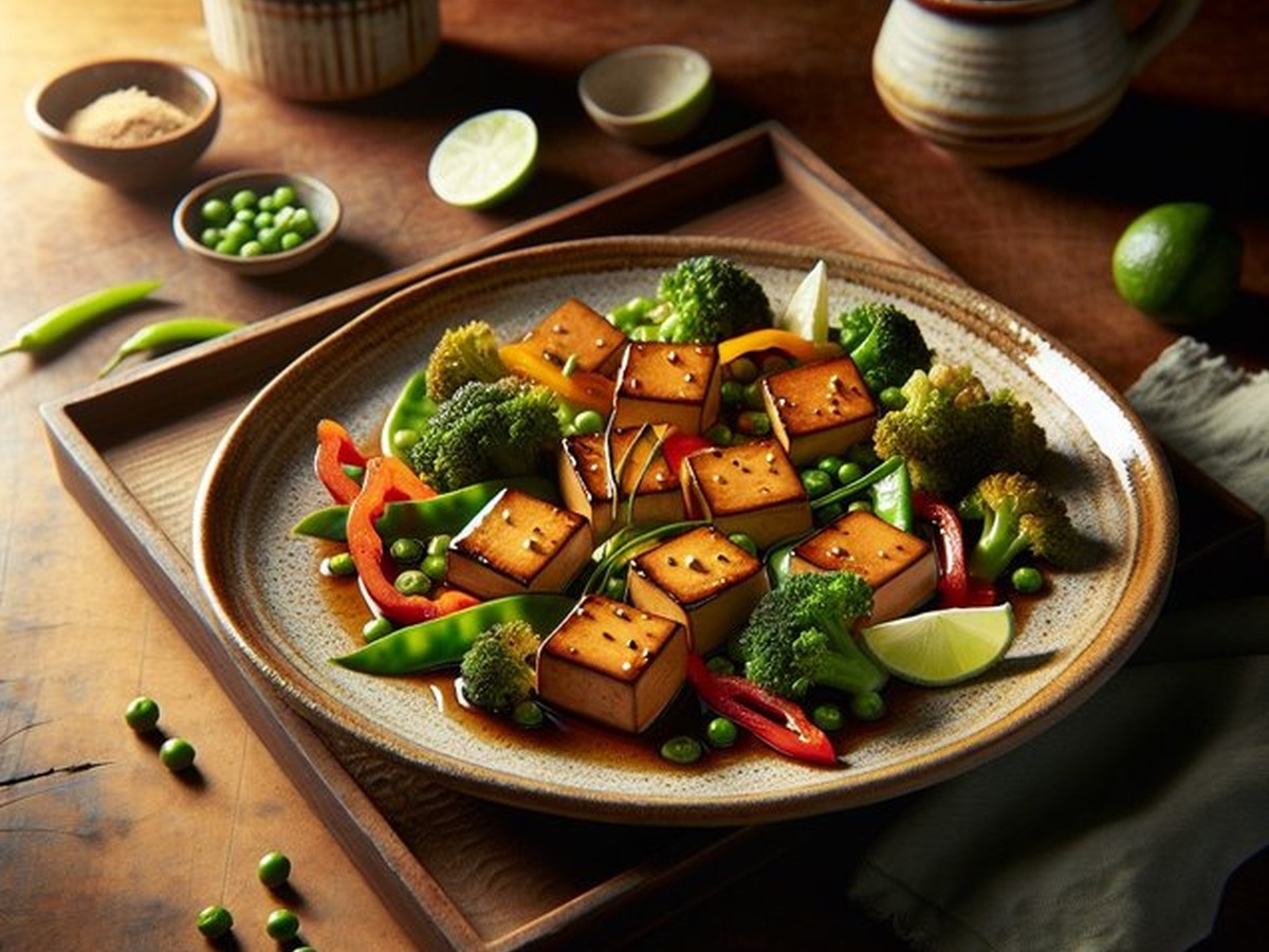 Miso-Maple Glazed Tofu and Vegetables served and ready to enjoy