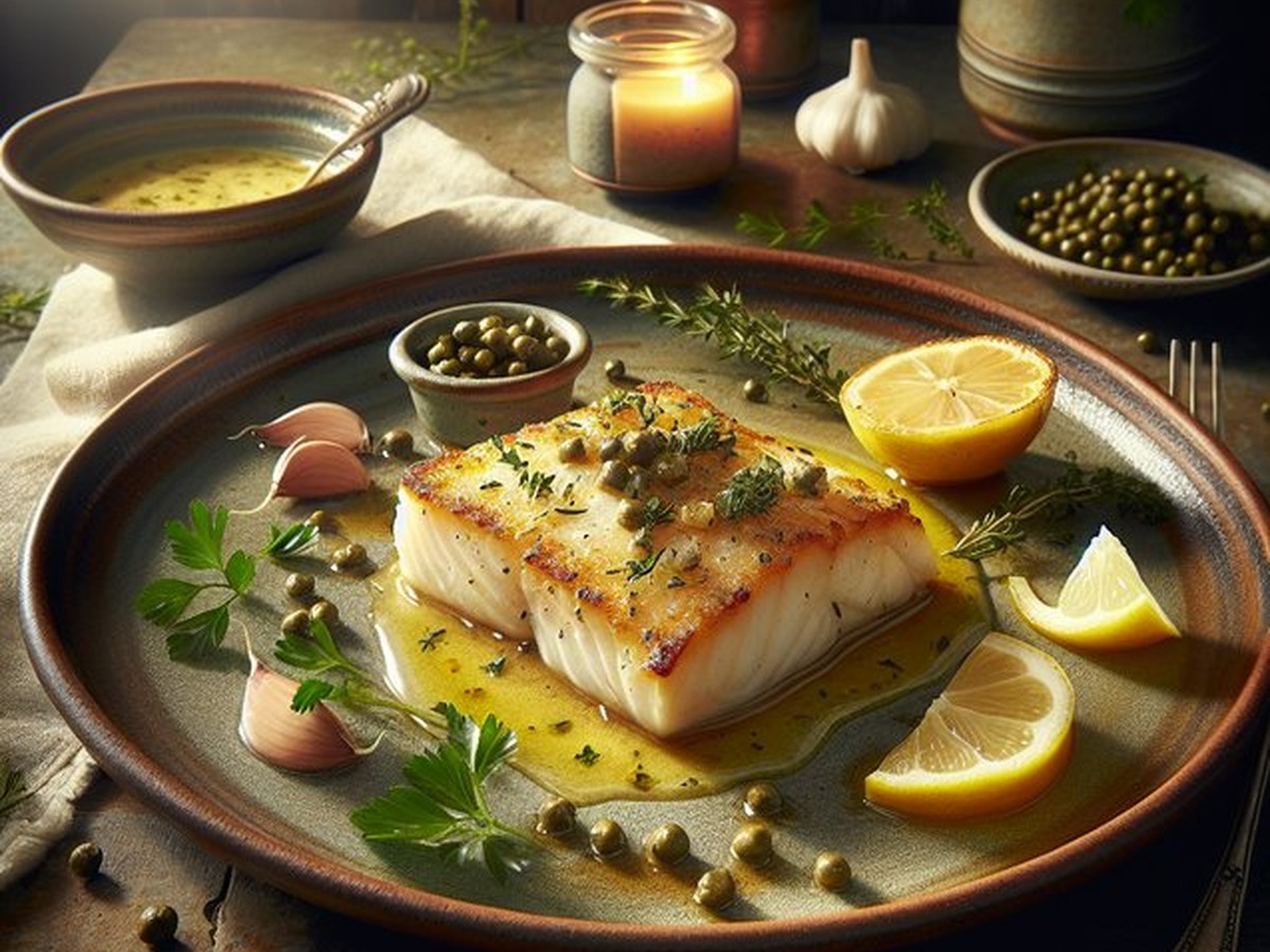 Garlic Herb Crusted Halibut With Lemon Butter Sauce served and ready to enjoy