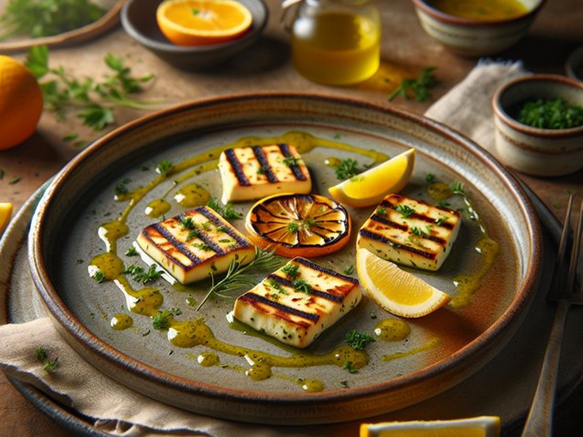 Herbed Grilled Halloumi With Citrus Drizzle Herbed Grilled Halloumi With Citrus Drizzle served and ready to enjoy