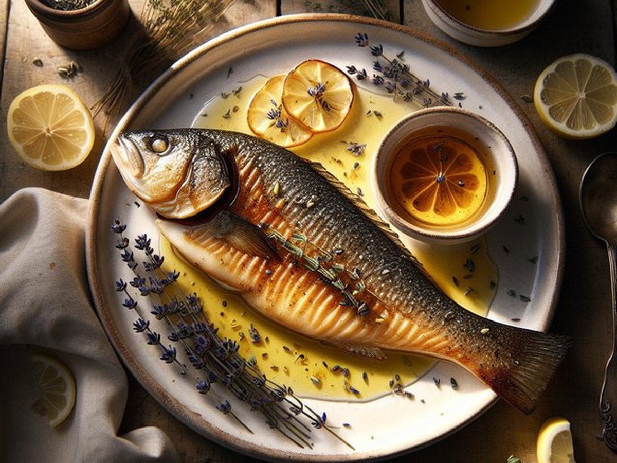 Lavender Lemon Seabass Lavender Lemon Seabass served and ready to enjoy