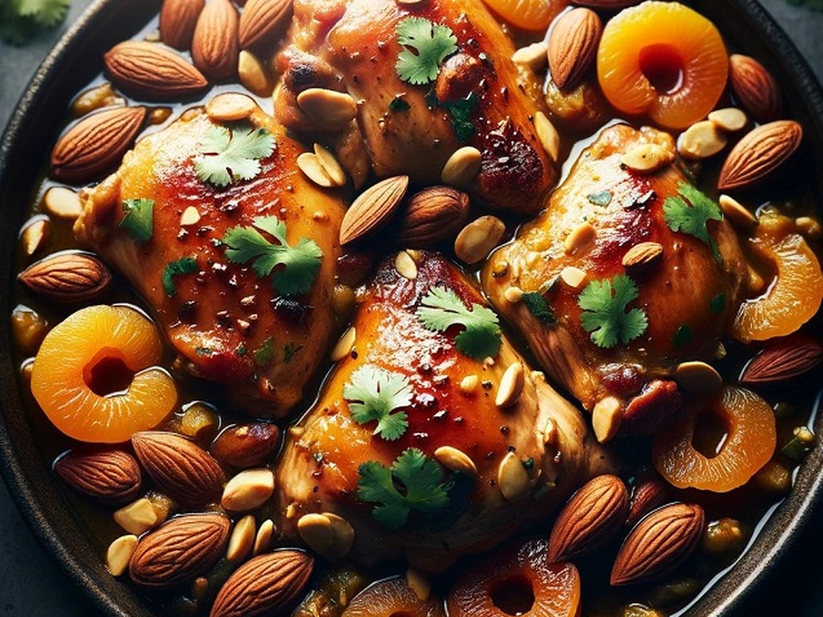 Moroccan Chicken Tagine with Apricots and Almonds served and ready to enjoy