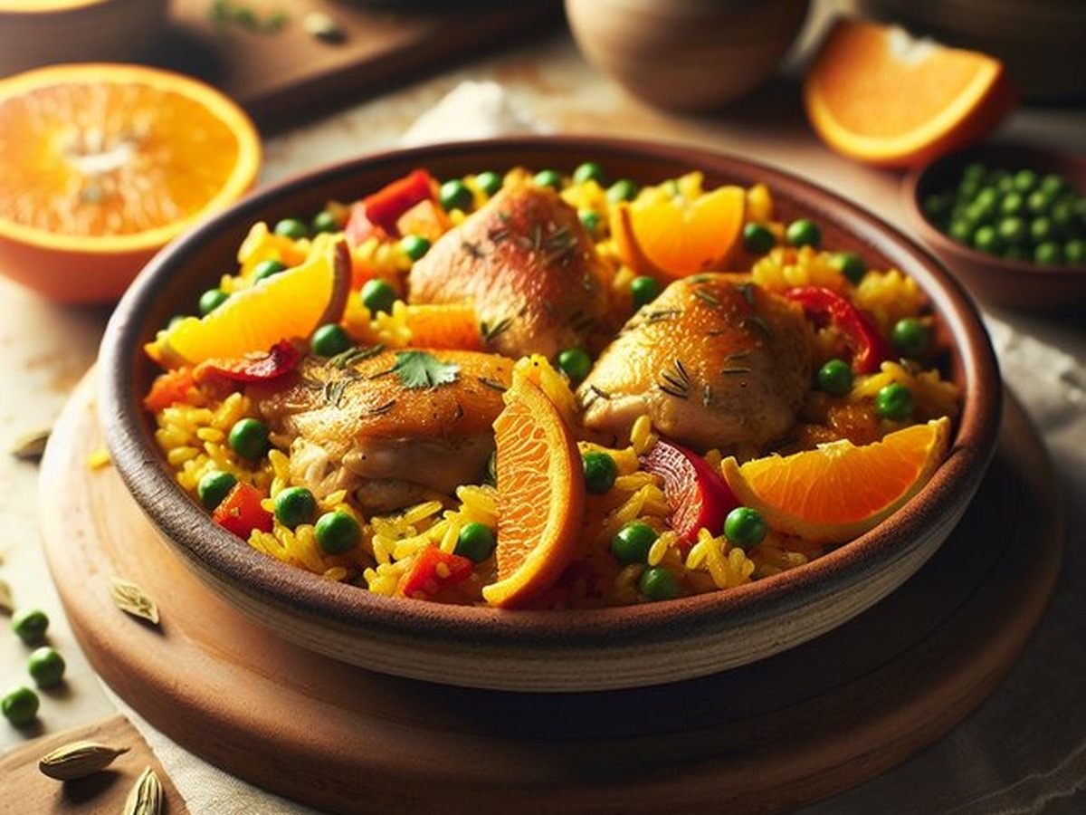 Orange Cardamom Chicken Paella Orange Cardamom Chicken Paella served and ready to enjoy