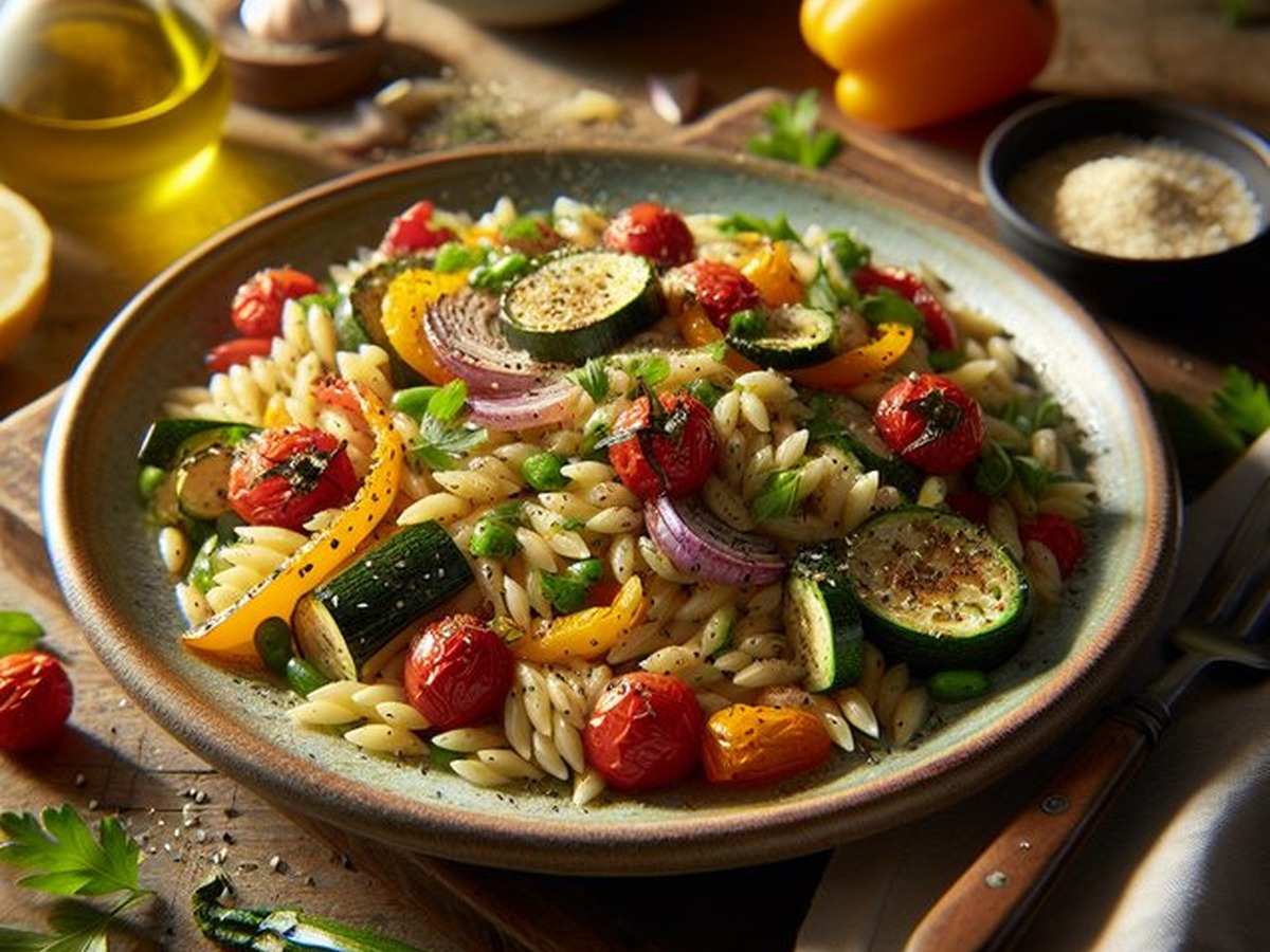 Herb-Infused Orzo With Roasted Vegetables Herb-Infused Orzo With Roasted Vegetables served and ready to enjoy
