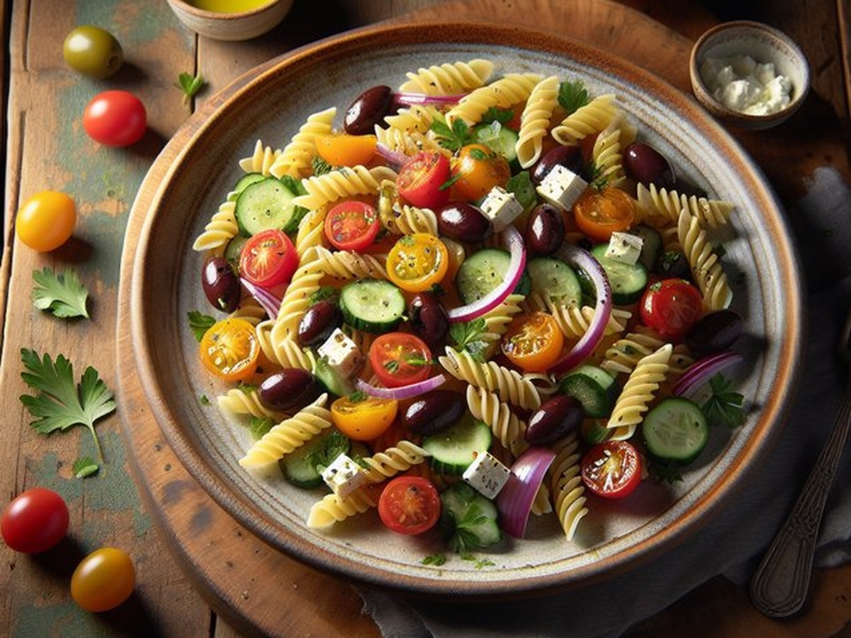 Mediterranean Sunburst Pasta Salad Mediterranean Sunburst Pasta Salad served and ready to enjoy