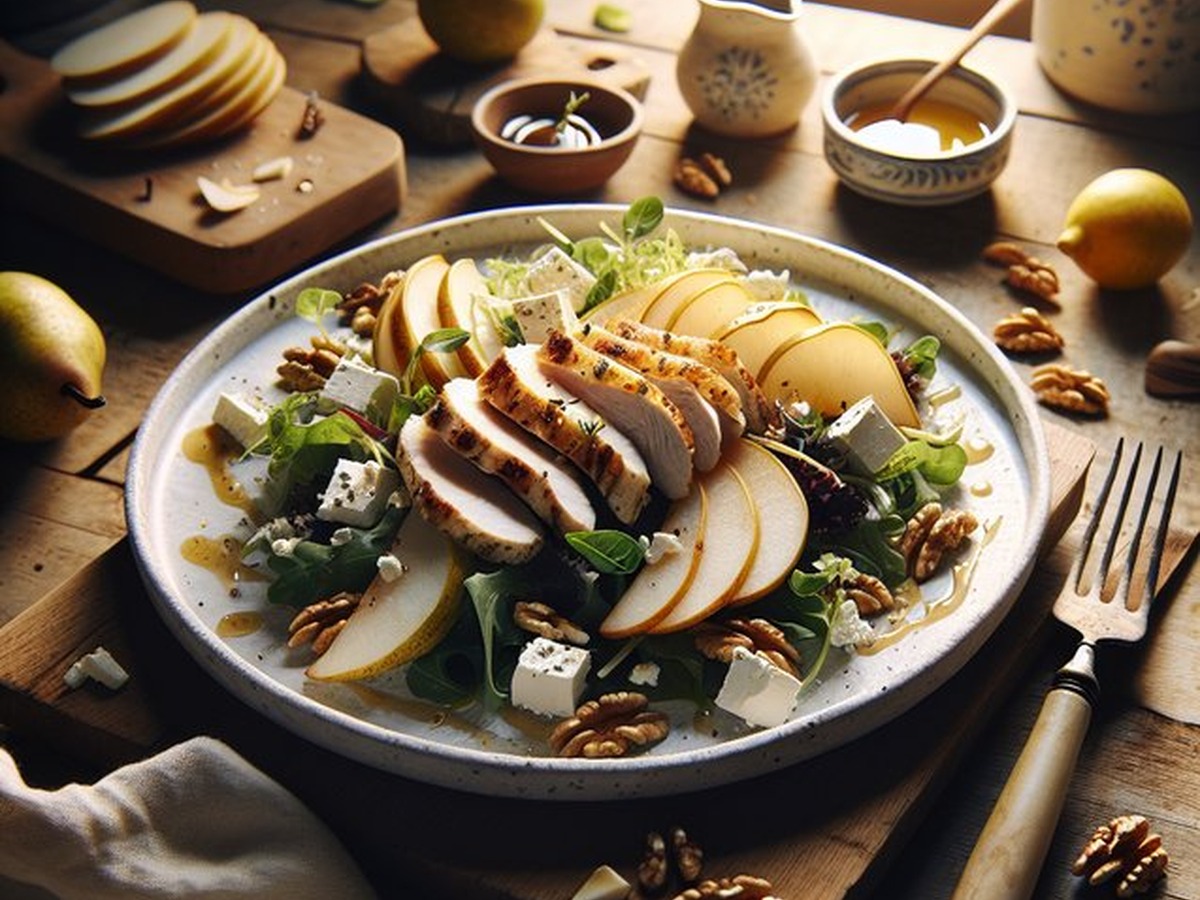 Saffron Sunset Chicken And Pear Salad Saffron Sunset Chicken And Pear Salad served and ready to enjoy