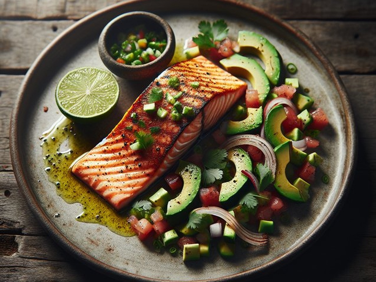 Saffron Citrus Salmon With Avocado Salsa served and ready to enjoy