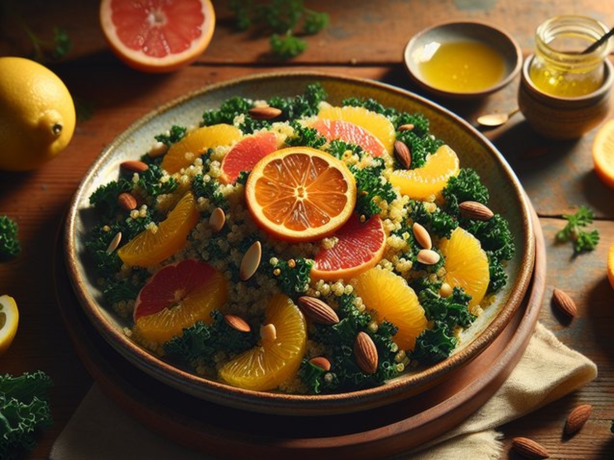 Saffron Citrus Kale And Quinoa Salad served and ready to enjoy