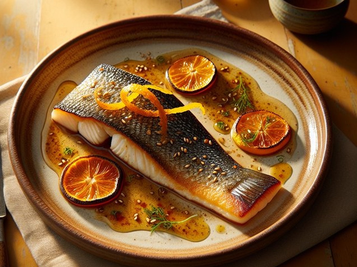 Citrus Sesame Seared Sea Bass Citrus Sesame Seared Sea Bass served and ready to enjoy