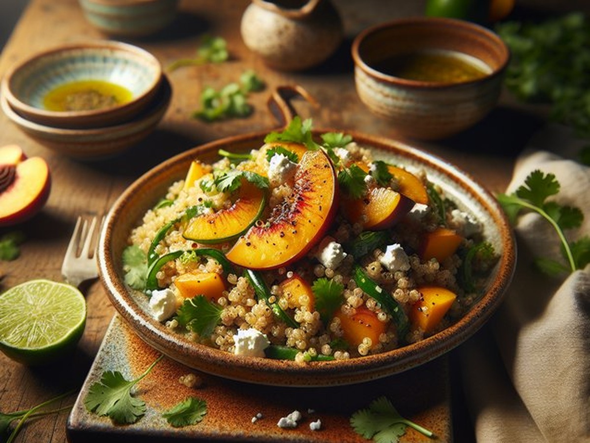Spiced Peach And Cilantro Quinoa Salad served and ready to enjoy