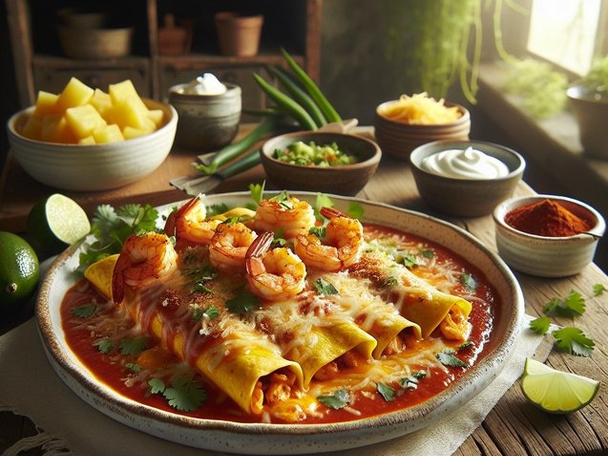 Tropical Wildfire Garlic Shrimp Enchiladas served and ready to enjoy