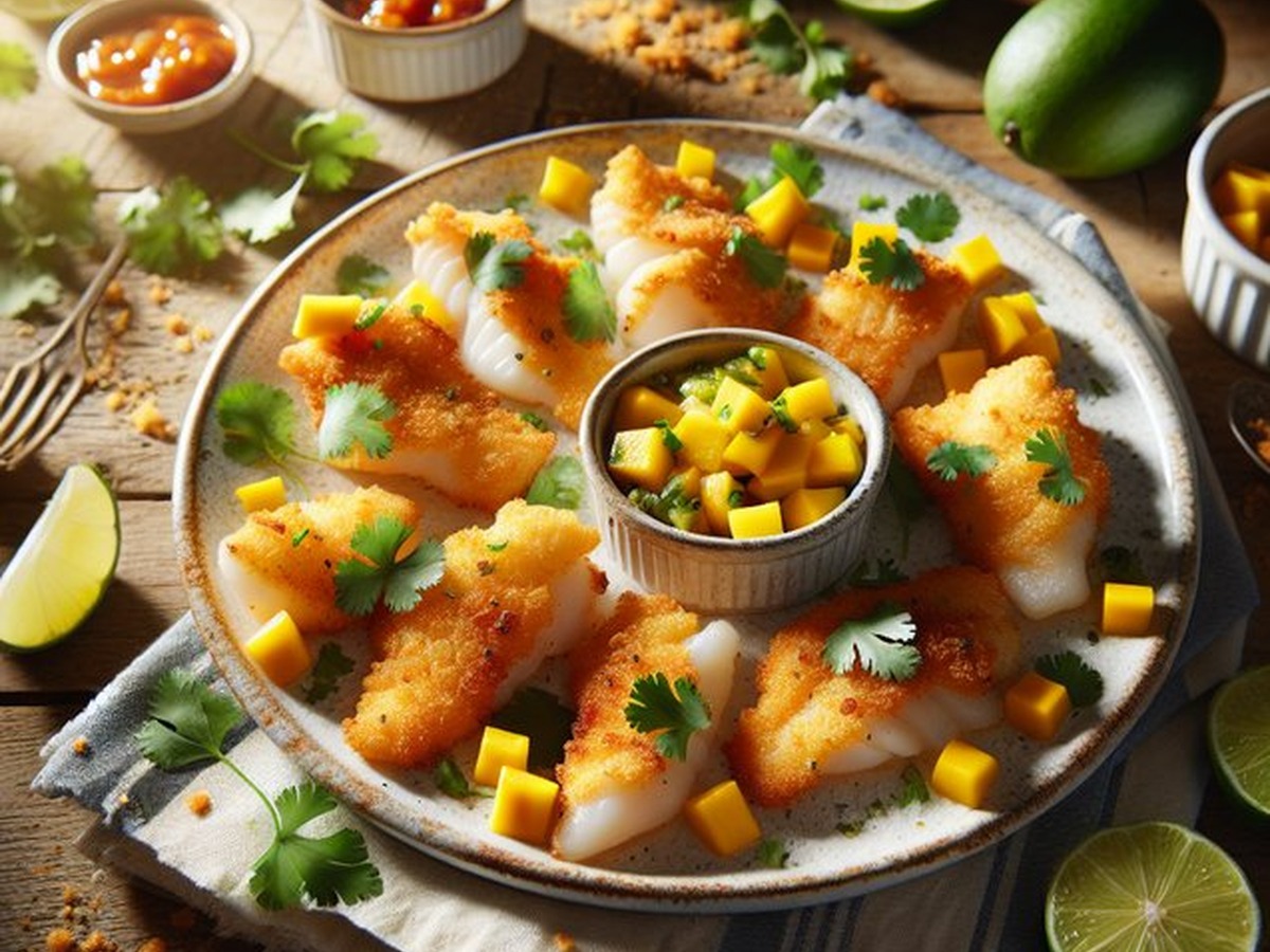 Spicy Mango Tango Tilapia Bites served and ready to enjoy