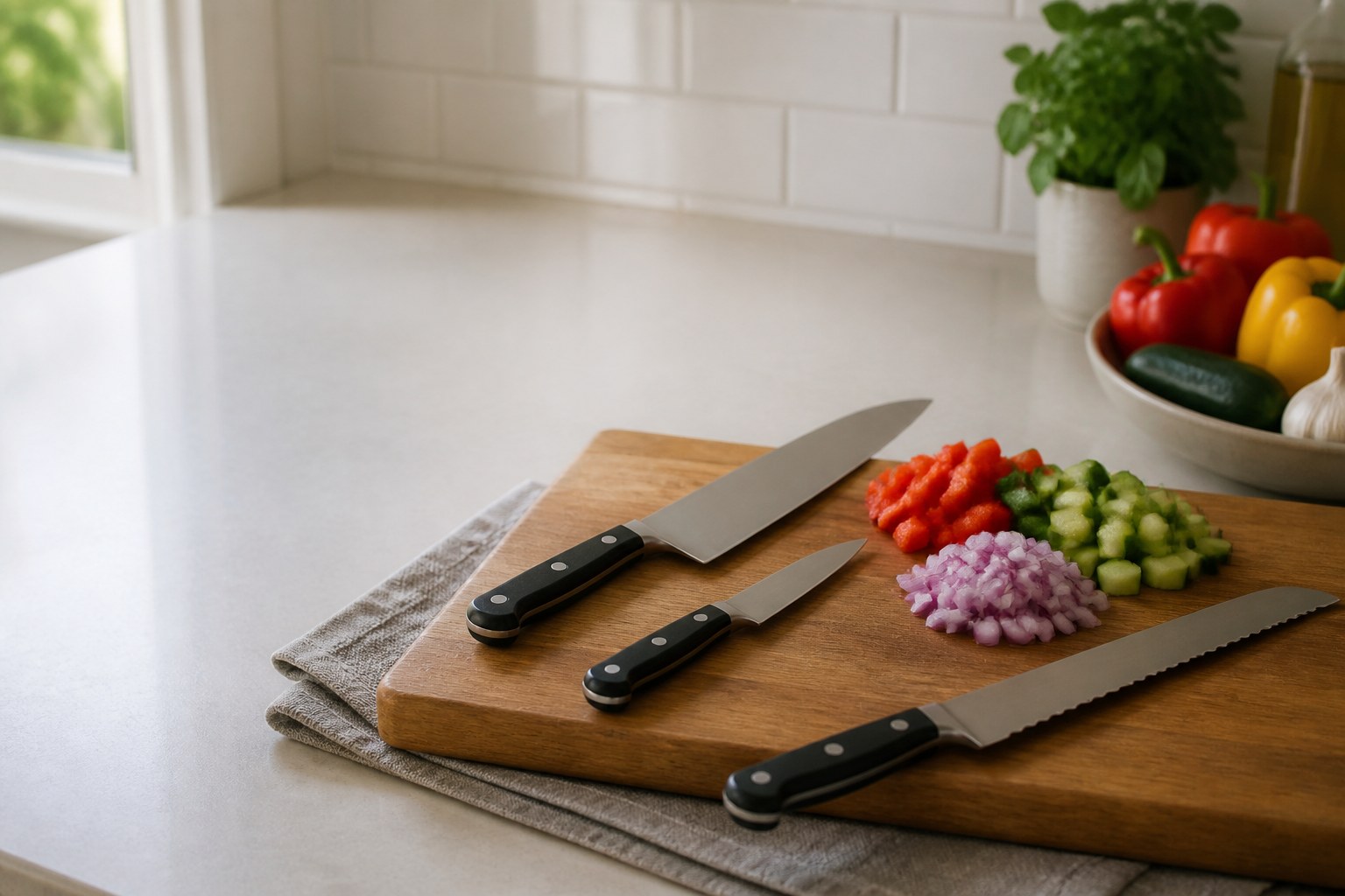 Measured ingredients, knife, cutting board, and labeled bowls arranged for cooking