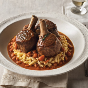Cross-cut braised veal shanks in tomato sauce served alongside saffron orzo and topped with green gremolata.