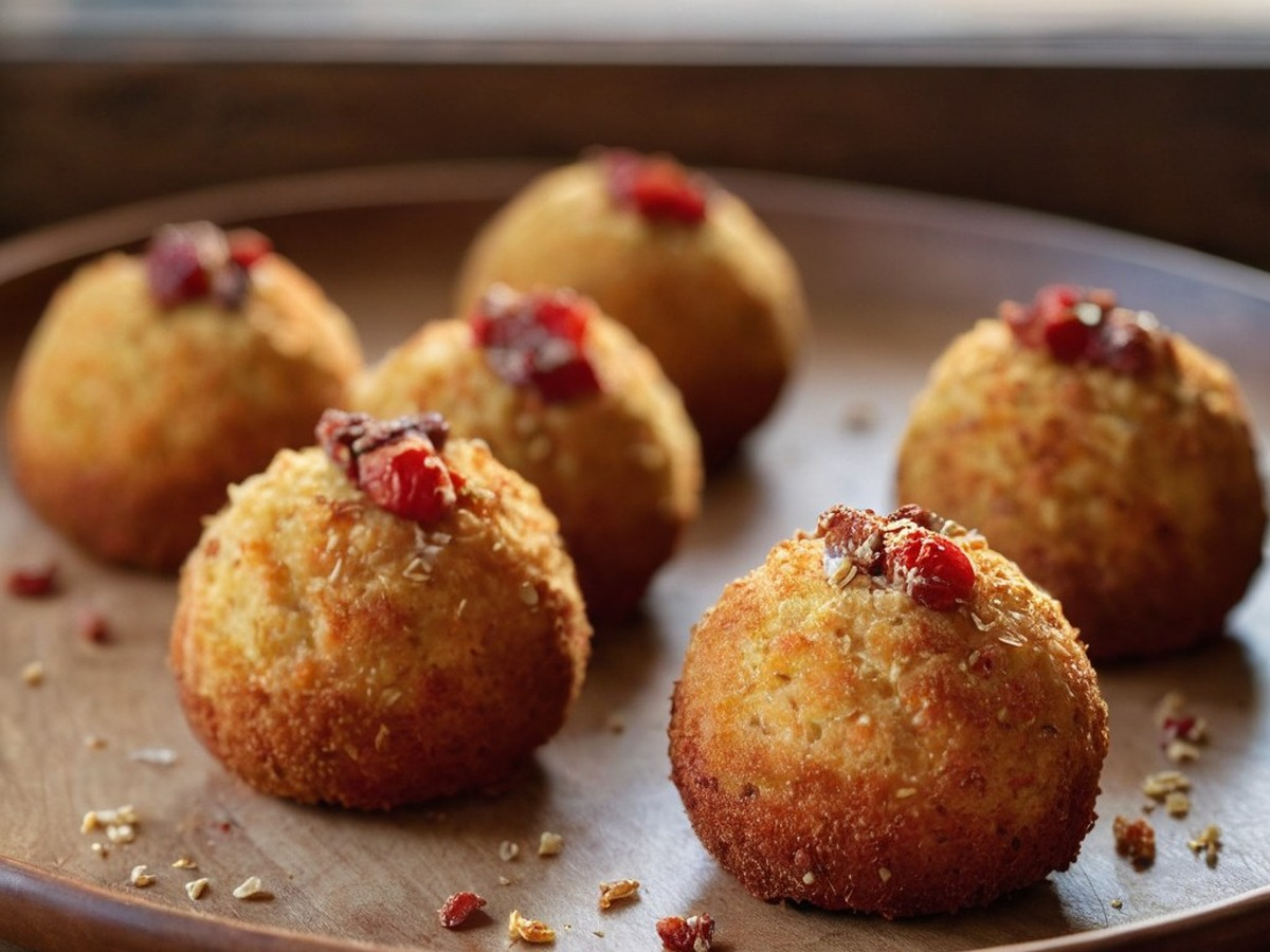 Saffron Arancini With Roasted Sun-Dried Tomatoes And Prosciutto Saffron Arancini With Roasted Sun-Dried Tomatoes And Prosciutto served and ready to enjoy