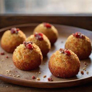 Golden saffron arancini balls topped with roasted sun-dried tomatoes and prosciutto