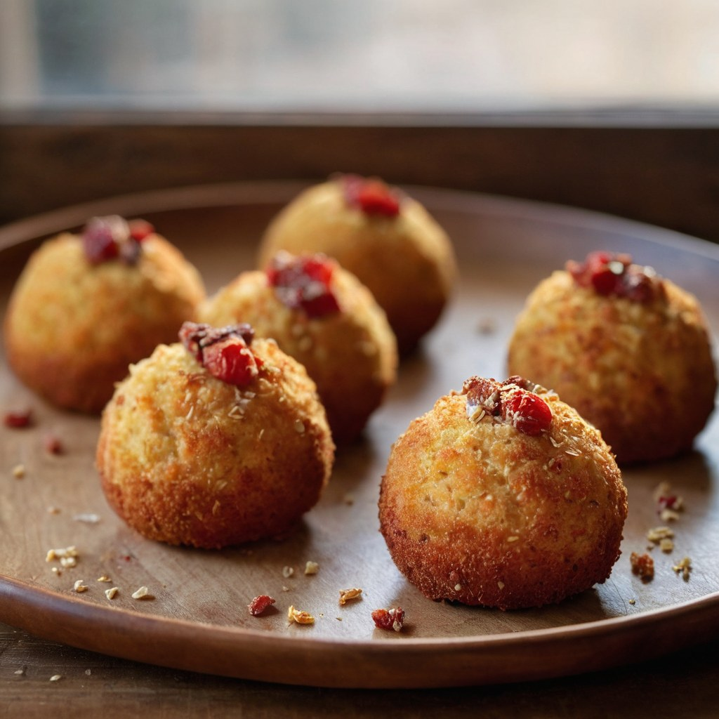 Golden saffron arancini balls topped with roasted sun-dried tomatoes and prosciutto