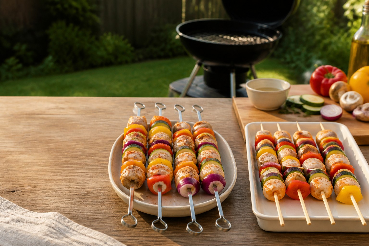 Metal and bamboo skewers prepared with chicken and vegetables beside a grill