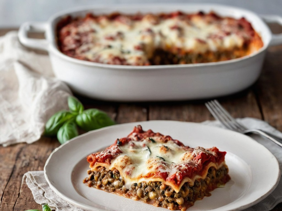 Slow-Simmered Lentil And Tomato Lasagna Slow-Simmered Lentil And Tomato Lasagna served and ready to enjoy