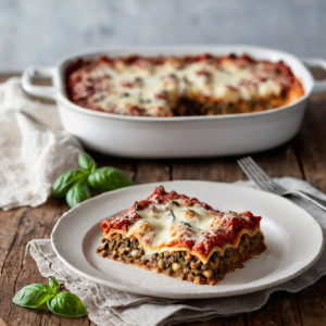 Layers of lasagna pasta with red lentil and tomato sauce topped with melted cheese