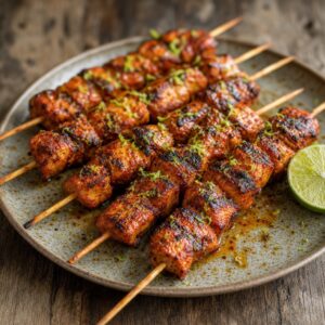 Grilled chicken thighs on metal skewers charred with red paprika and lime juice garnishes